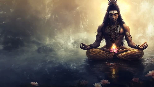 Seated figure in lotus pose with glowing flower on water.