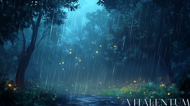 Bioluminescent Rain Through Ancient Forest Canopy.