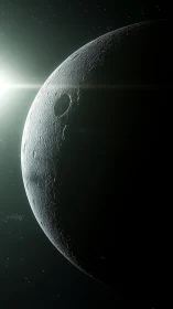 Crescent cratered moon surface intersects bright stellar light