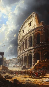 Stormlit Roman colosseum as legions march into legend.