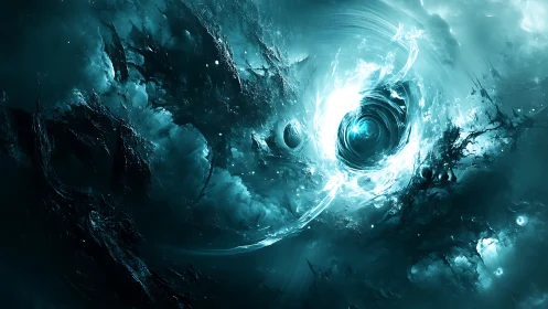 Turbulent astral vortex with luminescent singularity core.