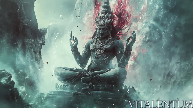 Mythic deity sculpture levitates amid turbulent ethereal mist