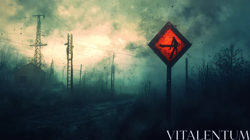 Illuminated warning sign stands beside foggy rail tracks