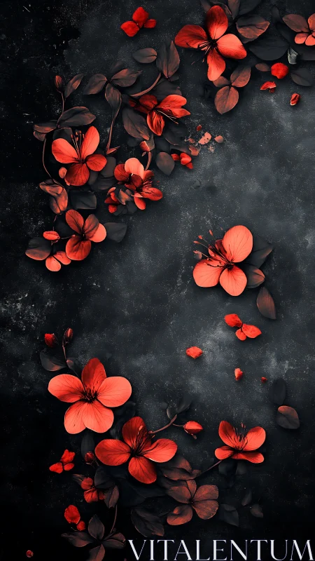 Red Geranium Petals Scattered Across Textured Black Surface.