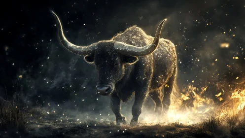 Powerful horned buffalo strides through glowing embers at dusk.