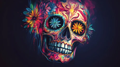 Colorful sugar skull illustration with floral eye sockets.