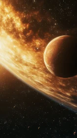 Orange planet against bright galactic disk in deep space.