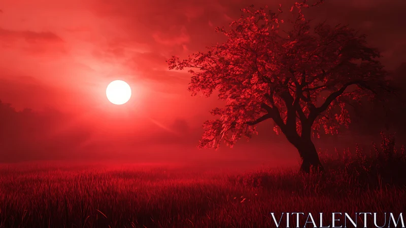 Crimson sunset engulfs lone tree over misted meadow.