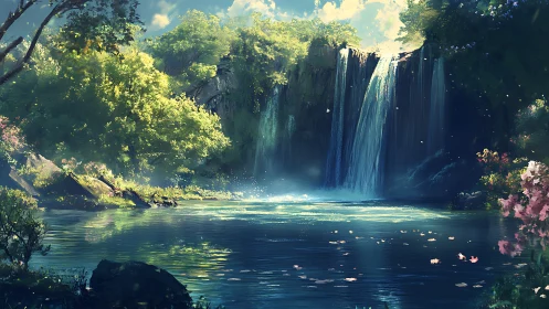 Lush forest waterfall bathes tranquil lagoon in sunlight.