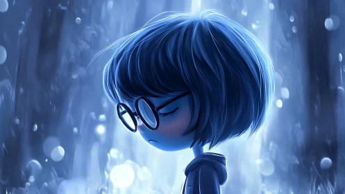 Side profile of child figure in blue-toned digital light