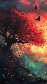 Blazing red tree crowns a cliff beneath storm-lit skies