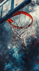 Dynamic basketball hoop closeup against abstract painted sky