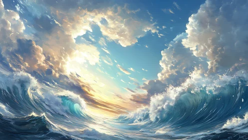 Roaring ocean waves meet a glowing sky of sunlit clouds