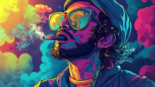 Vibrant neon portrait of smoking man in reflective shades.