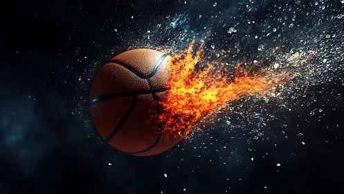 Hyperreal basketball ablaze in motion against dark void