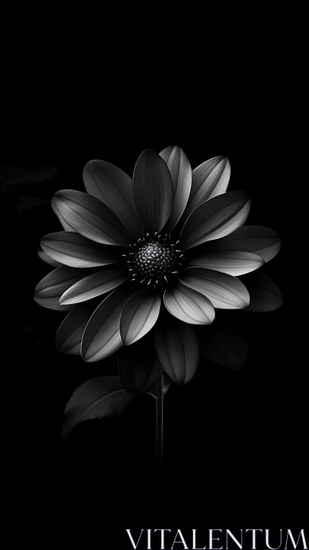 Monochromatic daisy specimen photographed against dark background.