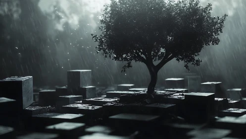 Rain-soaked lone tree defies a silent city of stone cubes.
