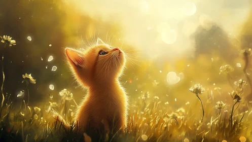 Sunlit kitten daydreams in a golden wildflower meadow.