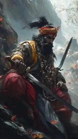 Mountain war sage poised with twin blades in stormed silence.