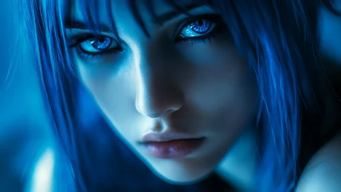 Blue neon gaze of a cyber siren in icy close-up focus.