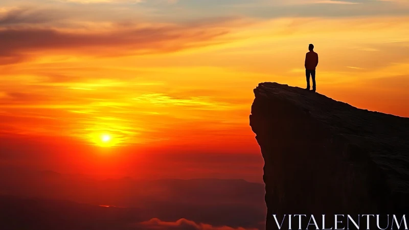 Silhouette on cliff edge against blazing mountain sunset.