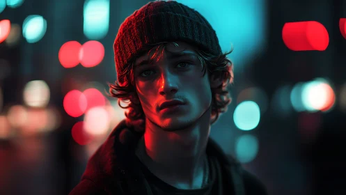 Moody city night portrait with soft neon glow and heart.