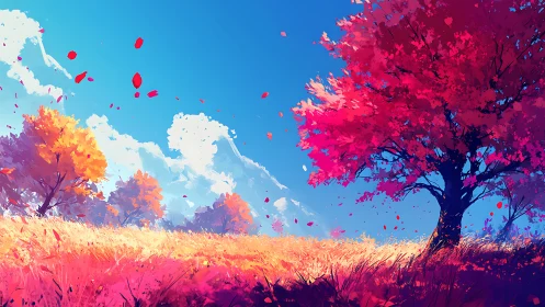 Vibrant digital meadow with crimson autumn tree under blue sky.