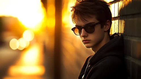 Sunlit loner in amber bokeh, leaning into golden silence.