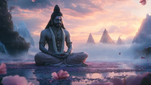 Meditating mountain lord breathes dawn into floating temples