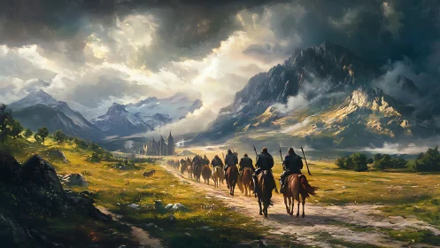 Mounted travelers cross stormlit valley toward distant fortress