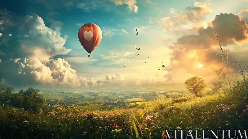Heart hot air balloon over golden sunset valley landscape.