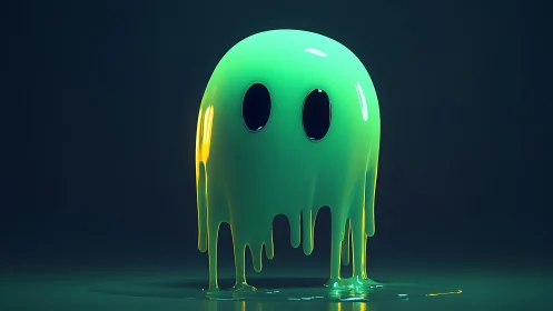 Neon green melting ghost character in glossy 3D render.