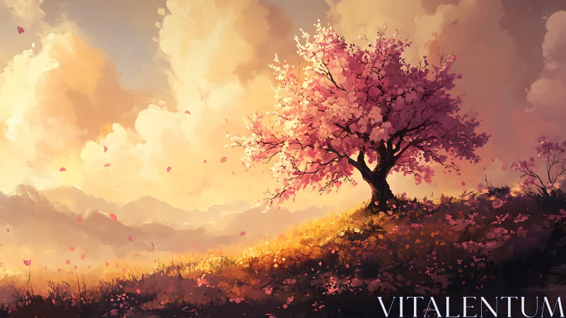 Solitary blossom tree on sunlit hillside under glowing clouds