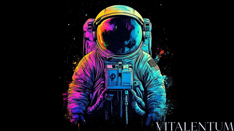 Neon chromatic astronaut portrait in high-contrast digital painting.