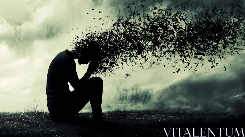 Silhouetted figure dissolves into scattered birds and fragments.