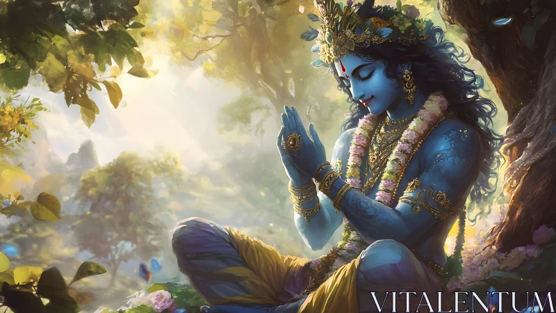 Blue deity in forest prayer, bathed in golden mystical light.