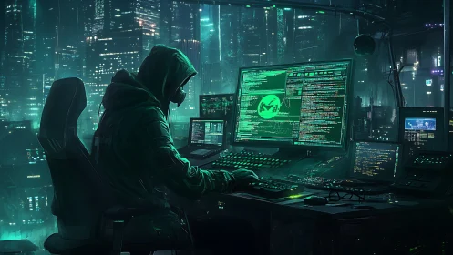Hooded computer operator works in neon lit cyberpunk city