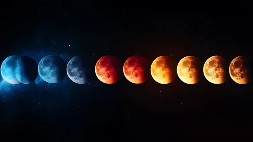 Lunar eclipse phases in vivid blue to red spectrum.