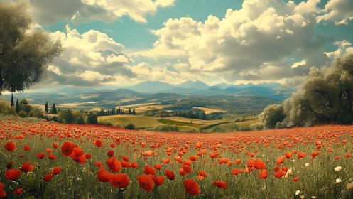 Poppy meadow under clouds in rolling rural valley landscape.