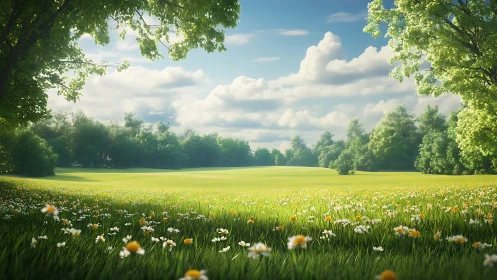 Sunny green meadow with wildflowers under soft clouds.