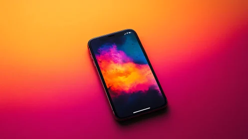 Smartphone displaying vibrant gradient wallpaper against warm sunset backdrop