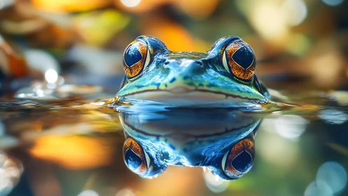 Frog head above water with sharp mirrored reflection.