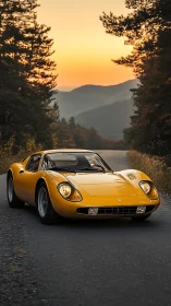 Golden classic sports car cruises into ember-tinted dusk.