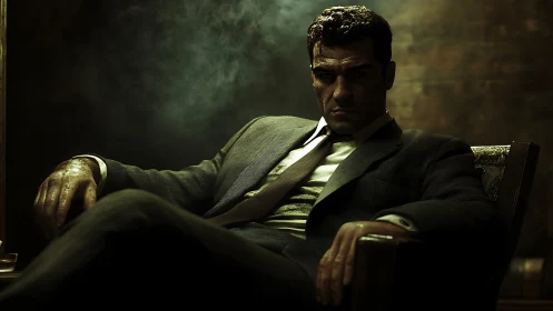 Brooding mob boss seated in smoke filled chiaroscuro room.