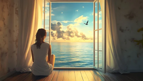 Woman gazes toward luminous ocean sunrise through window.