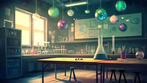 Surreal science classroom shows floating planetary glass orbs