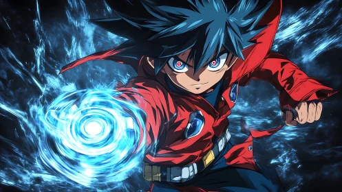 Dynamic anime hero unleashes blue energy vortex in motion