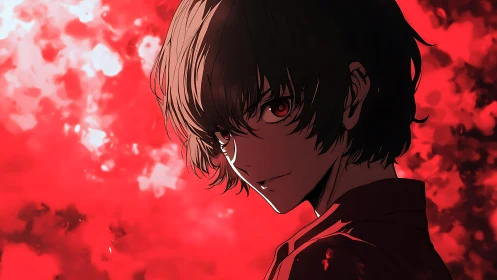 Side profile of anime figure against dense red abstract background