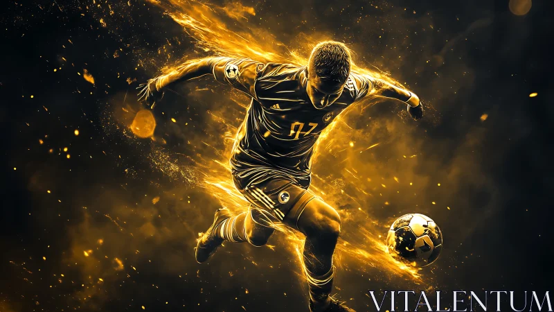 Dynamic football striker rendered in high-contrast golden motion