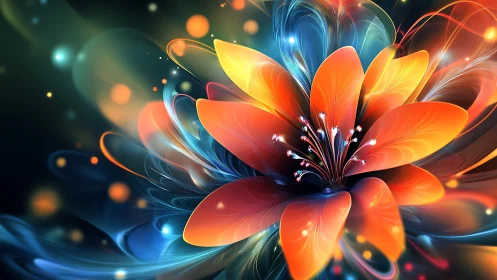 Radiant abstract flower bursting with neon light swirls.
